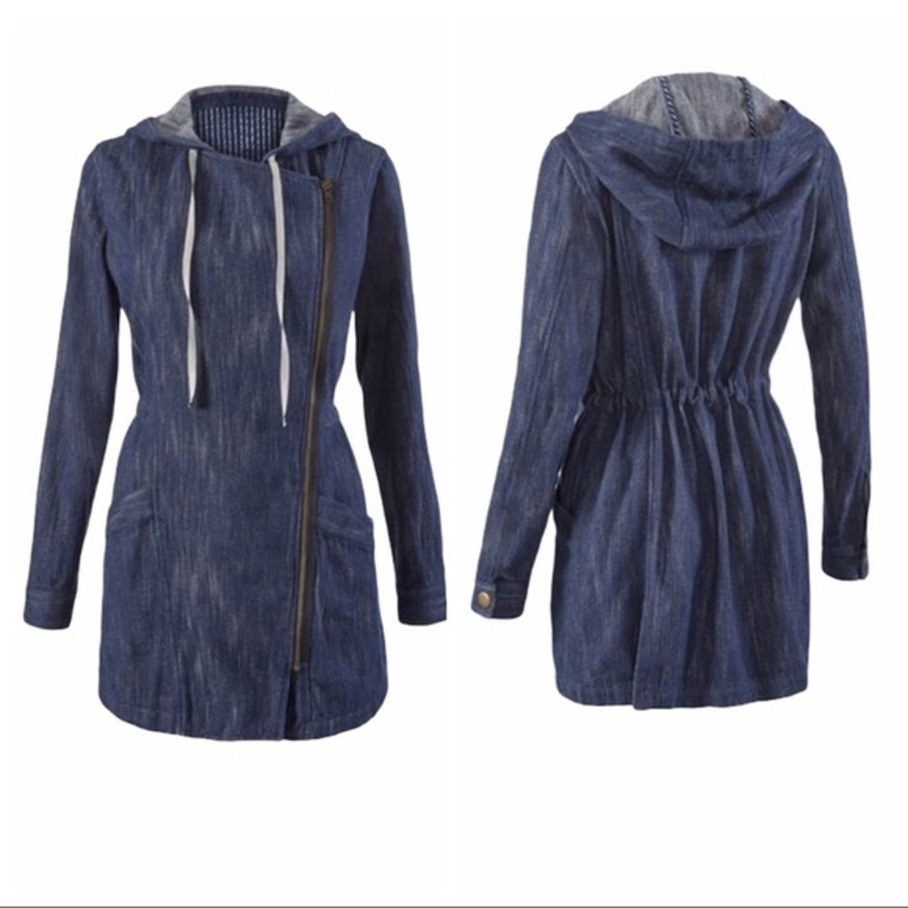 Cabi Adventure Anorak Denim Jacket Blue Indigo Hooded Utility Small 100% Cotton